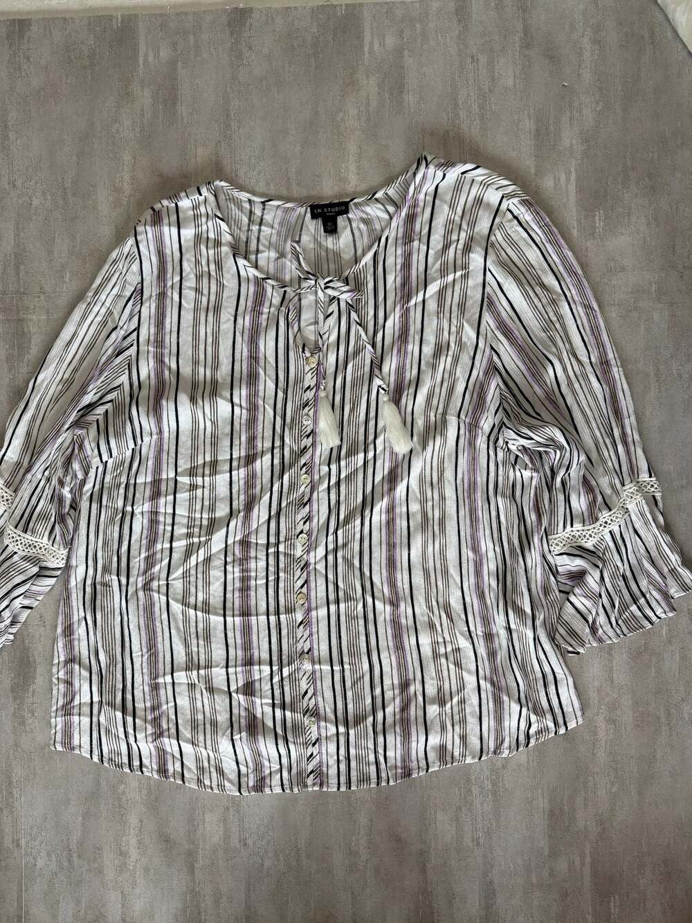 I.N. Studio Woman 3X Striped Boho Blouse Tassel Tie Neck Bellβ Sleeve Top
